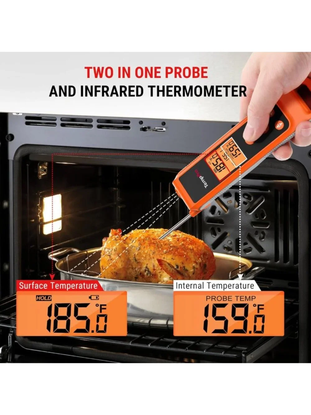 2-in-1 Instant Read Cooking Thermometer - Infrared & Meat Probe, Non-Contact